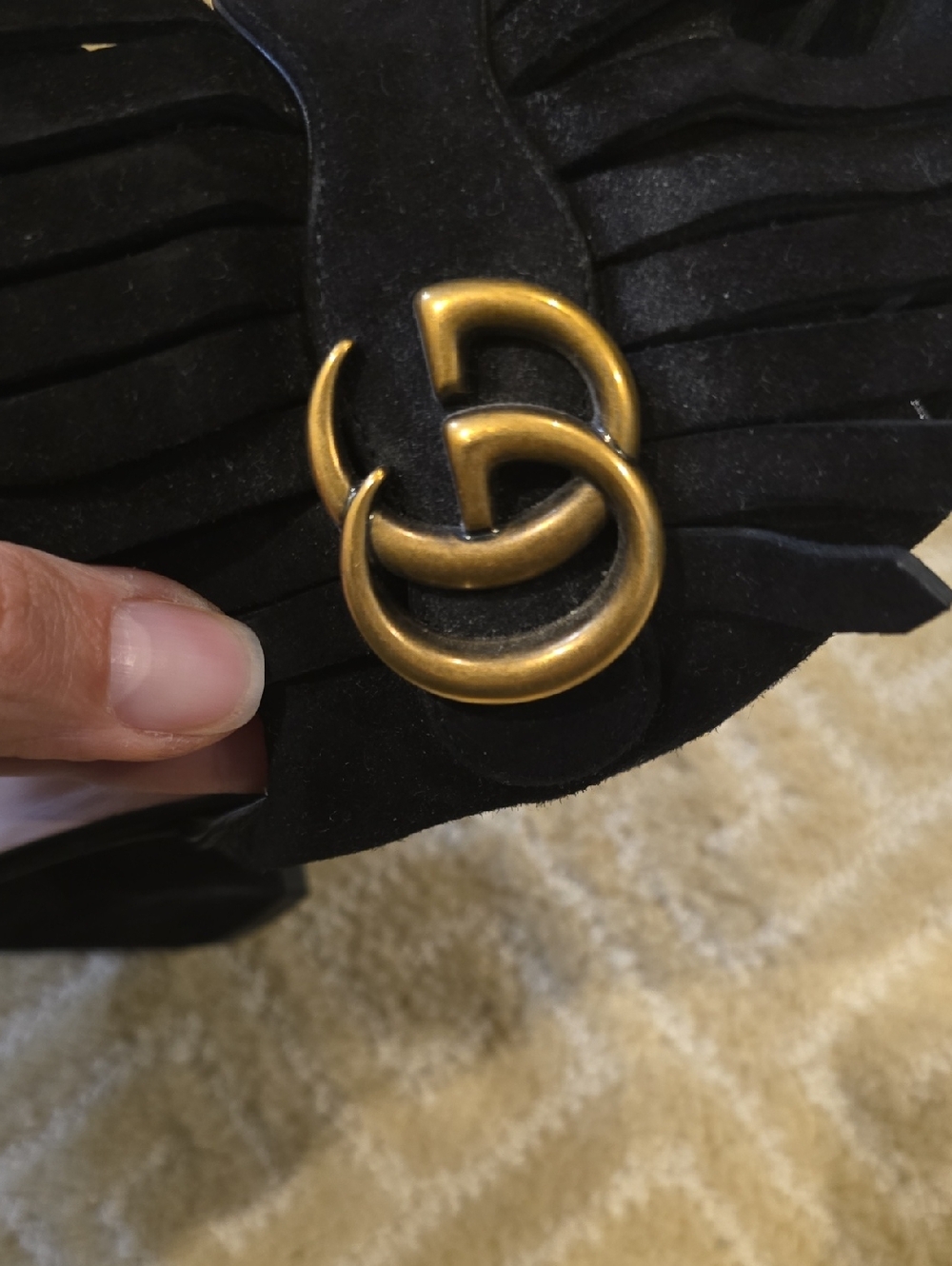 Gucci Black Suede Fringe Mules with Gold Double G, Size 38 - Picture 7 of 12